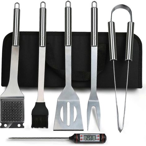 Coffret de 6 couverts de barbecue + thermomètre de barbecue, ensemble de 6 couverts en acier inoxydable (1/5)