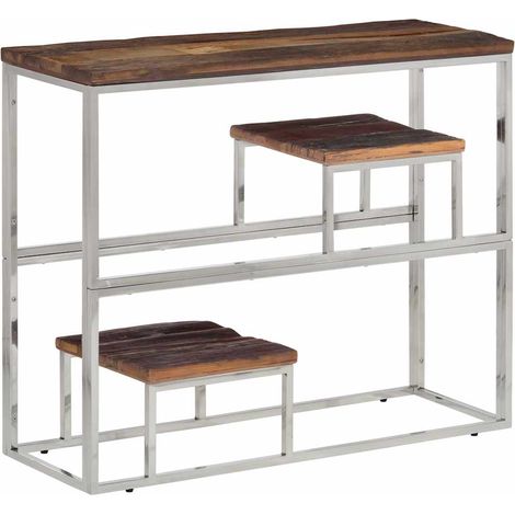 vidaXL Mesa consola acero inoxidable madera maciza traviesa plateado (1/5)