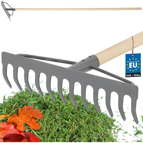 KOTARBAU® Rateau à Feuille - Métal - 31 cm - Râteau Jardin - 12 Dents - avec Manche en Bois - Outil Robuste Pour Entretien Gazon Jardinage - Gris & Naturel (1/5)