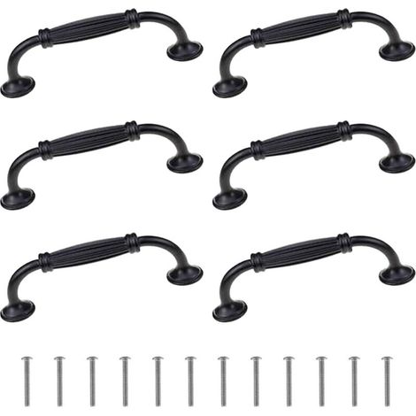 Lot de 6 poignées de porte d'armoire européenne, longues en forme d'arc, poignées de tiroir, d'armoire - En alliage d'aluminium - Pour armoires de cuisine, penderie - Noir (1/5)