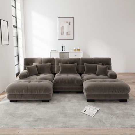 Modulares Ecksofa 313 x 145 x 81 cm mit braunem Chenillebezug und Ottomans – MEUBLIV (1/5)