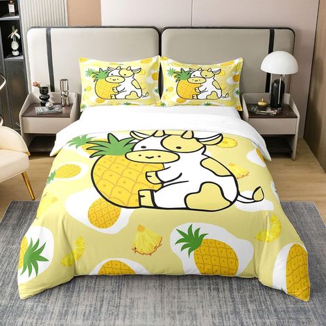 Fille Lait Vache Ananas Coton Parure De Lit Vache Fruit Jaune Fille Parure De Lit Enfant Adolescent Tout-Petit Kawaii Lait Coton Ferme Housse Couette 140x200cm - 140 x 200 cm + 1 taie d'oreiller 65 x (1/5)