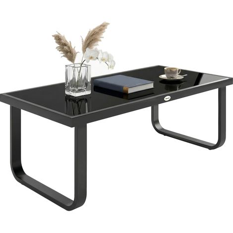 Table Basse de Jardin Rectangulaire. Pieds Incurvés. Plateau en Verre Trempé. pour Terrasse Balcon. 90x45x33cm. Noir