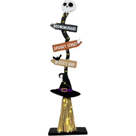 Balai de sorcière en bois éclairé pour extérieur et intérieur - Décoration d'Halloween - Panneau de sorcière effrayant (avec lumière) (1/5)