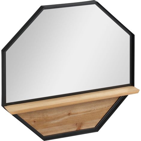 Miroir mural décoratif octogonal 61 x 61 cm avec étagère, noir, pour salon, chambre ou entrée. (1/5)