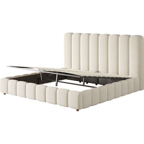 Cama tapizada doble 160x200 cm con almacenaje hidráulico, somier, cabecero y terciopelo beige (1/5)