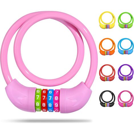 Antivol vélo enfant avec code à 4 chiffres, épaisseur 10 mm(Rose) Protection en PVC, robuste et légère, facile à régler, convient aux vélos, trottinettes et scooters pour enfants (1/5)
