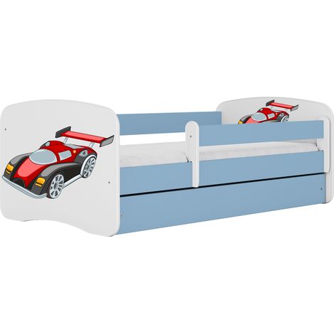 Lit enfant et adolescent 80 x 160 cm avec tiroir et barrière amovible bleu, motif voiture de course (1/5)
