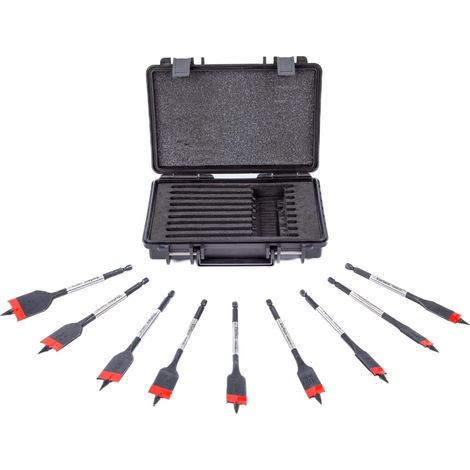 Jeu de 9 mèches plates à bois 12-32 mm, Pointe filetée auto-entraînante, Perçage rapide, Emmanchement hexagonal 1/4" Quick Lock, Compatible visseuse à choc, Coffret inclus T2953 (1/5)
