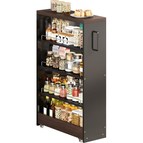 Chariot de rangement étroit à roulettes, meuble de cuisine 20 cm de large, 4 étagères réglables, noir et brun, gain de place pour cuisine et salle de bain CHICFURN (1/5)