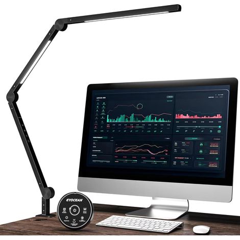 Lampe de Bureau à LED, Lampe D'architecte à Bras Pivotant, Double Source Lumineuse, Protection des Yeux, Atténuation et Température de Couleur Réglable, Noir, Aluminium