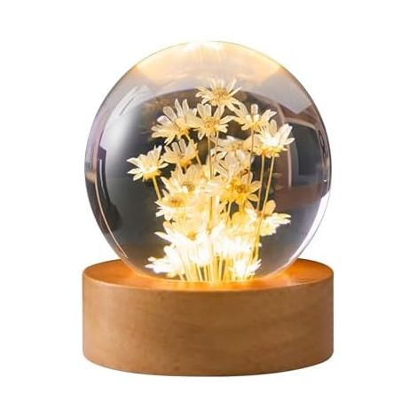 Veilleuse boule de cristal de fleur, lampe boule de verre de 6 cm avec bois avec base de lumière LED, lampe de nuit de spécimen de fleur de chargement USB avec support (marguerite jaune) [Classe énerg (1/5)