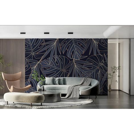 Papier Peint Feuillage - Monstera Doré sur Noir - 150 x 250 cm (1/2)