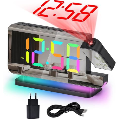 1 Réveil Numérique, Projecteur Rotatif 180°, Écran Miroir LED 7,4 Pouces, Veilleuse RVB 10 Couleurs, Volume Réglable (1/5)