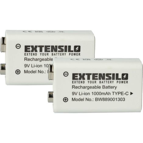 EXTENSILO 2x Piles bloc batterie 9V remplacement pour Daitem BATV13 (1Ah, 9V, Li-ion), prête à l'emploi, avec USB-C
