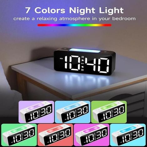 Réveil - 105 dB - Affichage LED 6,3 Pouces - Veilleuse RGB 15 Couleurs - Alimentation Secteur + Piles AAA - Pour Adultes Sommeil Lourd - 1 Pièce (1/5)