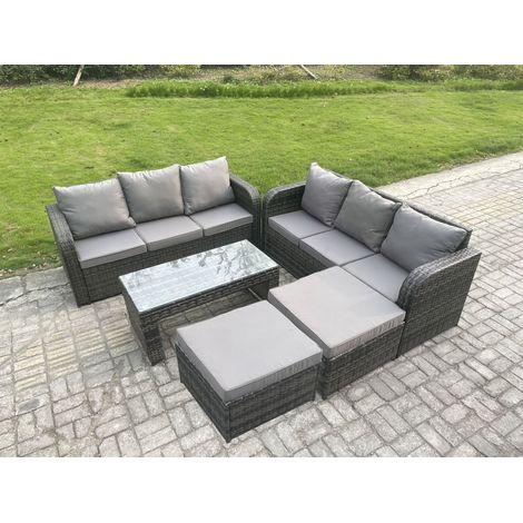 Fimous Salon de jardin avec Table basse rectangulaire 2 Grand tabourets Canapé 3 places Gris foncé mixte (1/4)