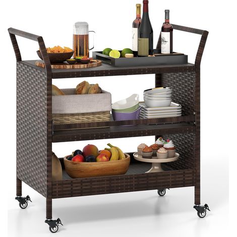 COSTWAY Carrello da Bar da Esterno, Mensola di Stoccaggio in Vimini con 3 Livelli Ruote e Maniglie Laterali, Tavolino da Servizio per Giardino Bordo Piscina Veranda, 86 x 50 x 89 cm (1/5)