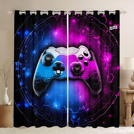 Rideau de fenêtre moderne pour manette de jeu vidéo, jeux vidéo, pour filles et garçons, style hexagonal néon, bleu violet, pour le salon, taille S - 137x117cm (HxB) (1/5)