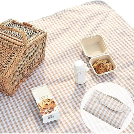 Couverture de pique-nique beige à carreaux – Imperméable et pliable, 203 x 203 cm, tapis d'extérieur XL portable pour la plage et les pique-niques (1/4)