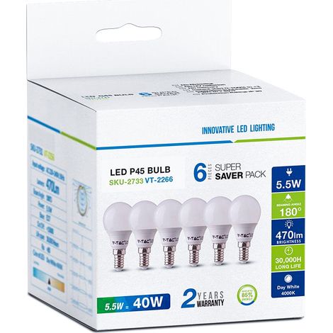 6 PZ Lampada A Led E14 P45 5,5W Bianco Neutro 4000K Forma Bulbo 180 Gradi 220V SKU-2734 (1/3)