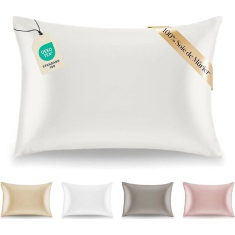 Taie d'oreiller 50 x 70 cm, 100 % soie de mûrier naturelle, 19 mommes, certifiée Oeko-TEX – aux propriétés anti-âge pour les (1/5)