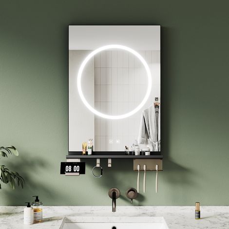ELEGANT Anti-Fog Bathroom LED Mirrors with Storage Shelf, Dimmable 3 Colour Lighting, Stylish Black Frame, 500x700mm