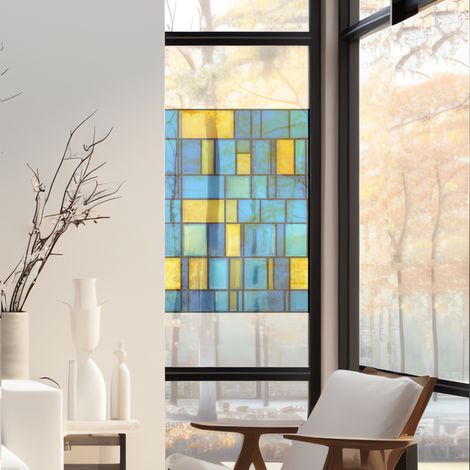 Stickers décoratifs électrostatique, classique contemporain, jaune, bleu, effet vitrail, 68 cm X 48 cm (1/5)
