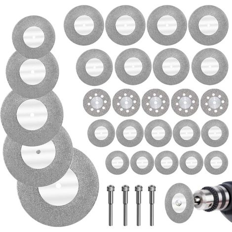 32pcs Mini Diamond Discs with 4 Mandrels, Cutting Discs, Mini Cutting Discs for Glass/Gemstone/Wood/Metal/Ceramic - 16/20/22/25/30/40/50/60mm