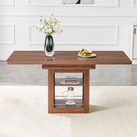 Table de salle à manger extensible moderne couleur noyer avec rangement  une table en bois gain de place pour 4 à 8 personnes, équipée de rails coulissants en métal. (1/5)