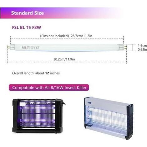 FSL T5 F8W BL Bombilla de repuesto para lámpara matamoscas, tubo UV de 30 cm para matamosquitos/insectos de 8W/16W (2 unidades) (1/4)
