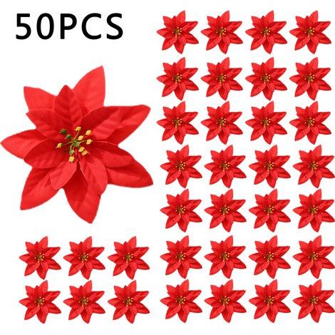 50 Pcs Bouquets Artificiels De Noel En Flanelle Rouge 13 Cm Decorations Pour Arbre De Noel Et Fetes- (1/5)