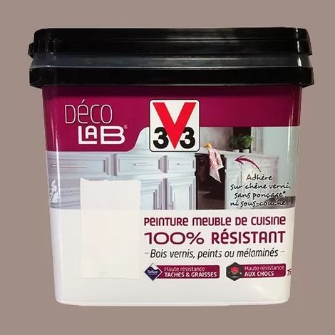 V33 – Peinture meuble de cuisine satin 0,75 L – Résistante aux chocs – Pour bois vernis et mélaminés – Couleur humus (1/3)