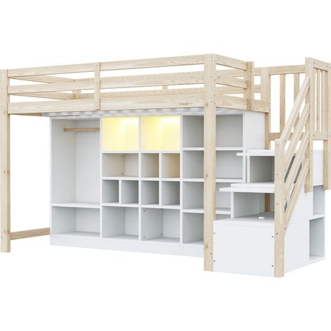 Cama alta 90 x 200 cm con almacenaje, LED y escalera integrada, madera y blanco (1/5)