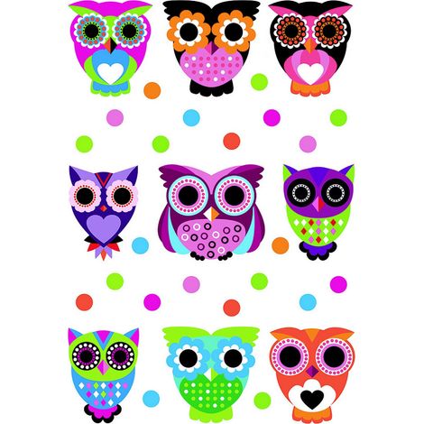 Sticker Hiboux multicolores - 1 planche 42,5 x 65 cm (1/5)