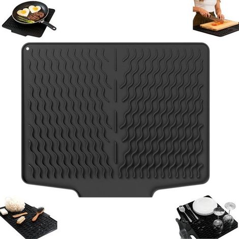 Tappetino di scarico in silicone - Tappetino antiscivolo per lavello - Tappetino di scarico inclinato - Termoisolante - Nero - 39,6 cm x 32,7 cm - Per scolare l'acqua da lavelli e piatti (1/5)