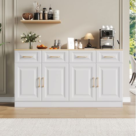 Buffetschrank 140x40x75 cm Weiß und Eiche aus Spanplatte mit 4 Schubladen, 4 Türen, verstellbaren Einlegeböden und Kippschutz (1/5)