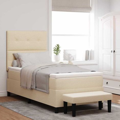 Cama tipo Box Spring con cabecera Crema 90 x 200 cm tela
