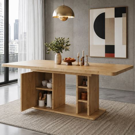 Mesa extensible 140/180 x 80 cm con almacenaje, 6 a 8 plazas, color roble DESVIAE (1/5)