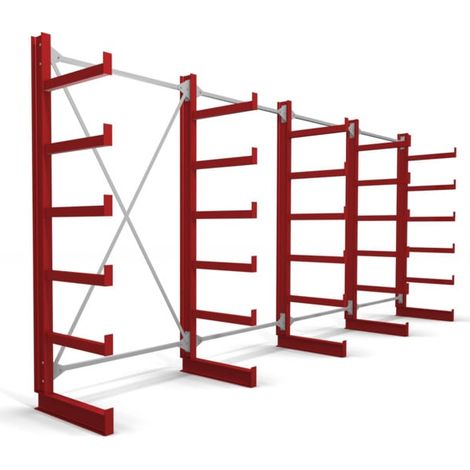 Stier – Rayonnage à bras en porte-à-faux – 4 travées avec 5 niveaux – Capacité de charge 200 kg par bras – Largeur 5200 mm – Hauteur 2000 mm – Profondeur 500 mm