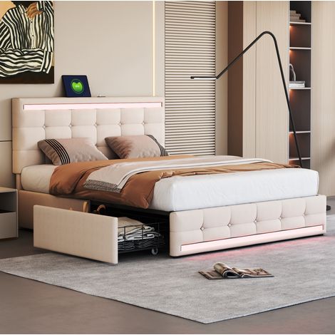 Cama tapizada moderna 140x200 cm beige con cabecero LED, 4 cajones, 2 puertos USB y somier de láminas (1/5)