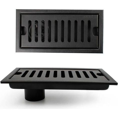 Siphon de sol rectangulaire avec piège à odeurs, siphon de douche 20 × 10 cm avec clapet anti-retour, siphon de sol vertical noir avec grille en acier inoxydable, convient pour toilettes, cuisine, (1/4)