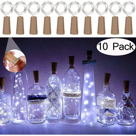 Lot de 10 guirlandes lumineuses à 20 LED - En fil de cuivre - Pour bouteille de vin - Avec cordon en liège - Pour décoration de mariage, Noël, fête - Blanc (1/4)