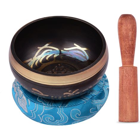Tibetisches Klangschalen-Set mit handgefertigter 8,5 cm Metall-Klangschale, weichem Kissen (Farbe zufällig) und Holzklöppel für Meditation, Klangheilung, Chakra-Heilung, Yoga und Entspannung