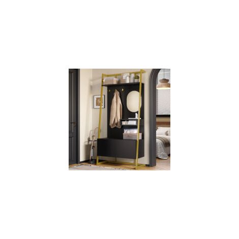 Armoire compacte et minimaliste moderne, meuble de rangement ouvert multifonctionnel avec miroir, crochets métalliques, porte-manteau avec banc à chaussures, armoire, rangement à chaussures, portant à (1/5)