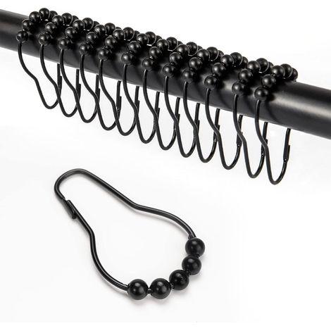 12 Pcs Morceau de Crochets de Rideau de Douche, avec Système Coulissant Anneaux de Rideau de Douche en Acier Inoxydable pour Tringle de Douche de Salle de Bain (Noir)