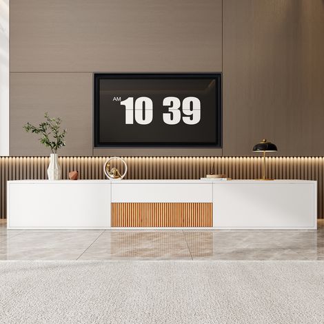 Meuble TV Extensible 180 cm Blanc et Bois, Support Vidéoprojecteur Intégré, Pose au Sol ou Mural Suspendu, Meuble TV Bas de Salon Minimaliste et Moderne (1/5)