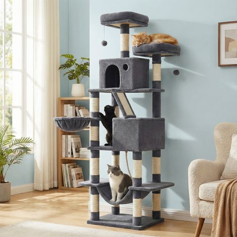 Arbre à Chat, Hauteur 203.5 cm, 2 Plate-forme, 13 Griffoirs, Panier, Hamac, 2 Niches, Pompon, Tissu Peluche, Gris (1/5)