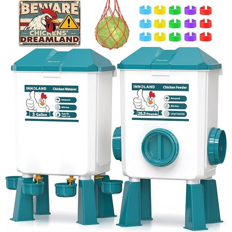 Mangeoire Poules et Abreuvoir Poules – 12 Kg/11 L Mangeoire Poule Anti Nuisible 4 Coupelles