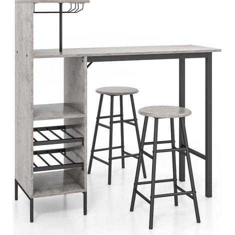 CASART 3PCS Bar Table & 2 Stool Industrial Kitchen Dining Set W/ Wine Rack Glass Holder (1/5)